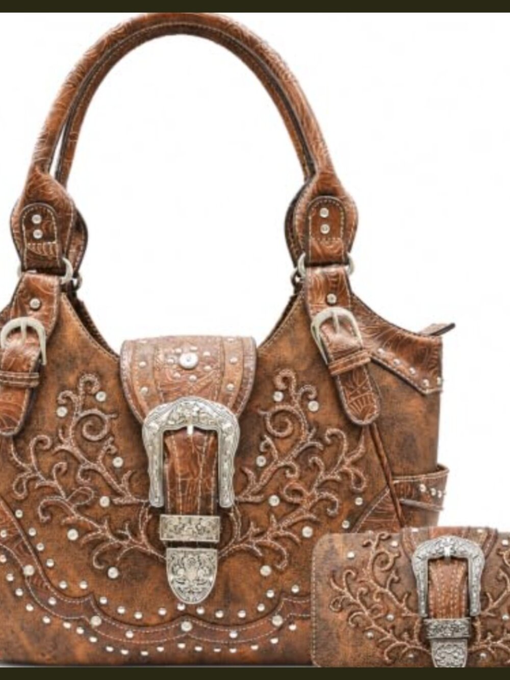 Western Buckle Faux Leather Shoulder Handbag & Wallet Set Women Large
